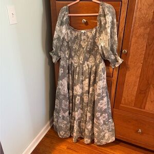 Baltic Born Sage Green Floral Smocked Midi Dress